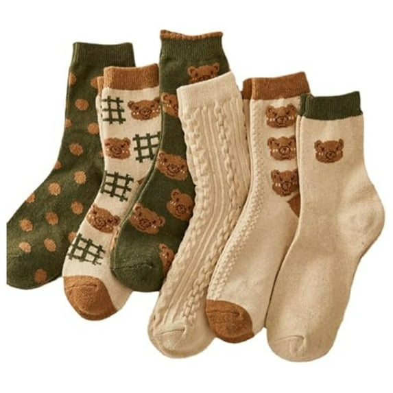 6 pairs Cute Cotton Kawaii Bear Ankle Socks - Preppy Ruffle Japanese Thick Fall Vintage Crew Socks for Women