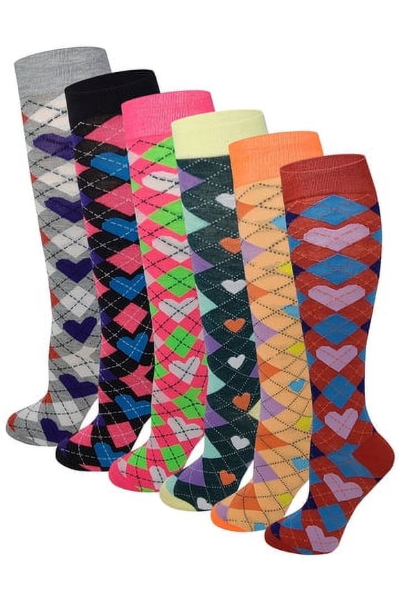 6 pairs Hearts Argyle Design Knee High Socks For Women