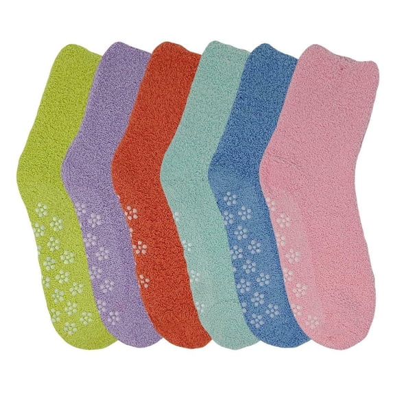 6 pairs Kids Girls Cozy Fuzzy Bright Colors Non Skid Slipper Socks