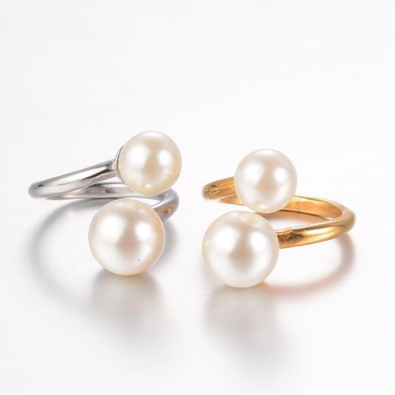 6 pc 304 Stainless Steel Finger Rings with Imitation Pearl Size 6~9 Mixed color 16~19mm Pearl