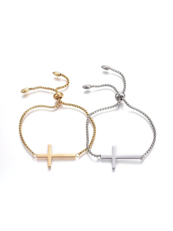 6 pc Adjustable 304 Stainless Steel Slider Bracelets Bolo Bracelets with box Chains Cross Mixed color 10-3/8 inch(26.5cm)