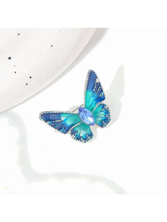 6 pc Butterfly Alloy Enamel Brooches with Rhinestone Beads Blue 18x24mm