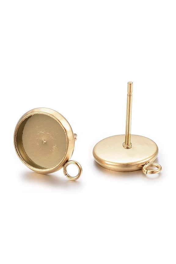 6 pc Ion Plating(IP) 304 Stainless Steel Stud Earring Settings with Loop Flat Round Golden Tray: 12mm 17x14x2mm Hole: 1.8mm Pin: 0.8mm