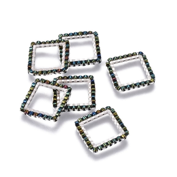 6 pc MIYUKI TOHO Handmade Japanese Seed Beads with 304 Stainless Steel Link Rings Loom Pattern Square Silver Dark Olive Green 15x15x1.8~2mm