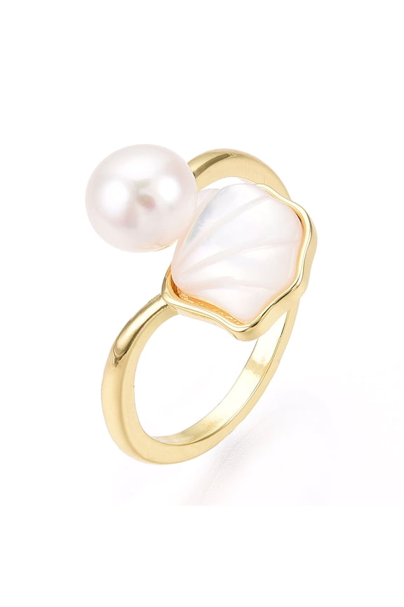 6 pc Natural Pearl Open Cuff Ring with Msilver-Lipped Pearl Oyster Brass Finger Rings Shell Shape Real 18K golden Plated US Size 7(17.3mm)