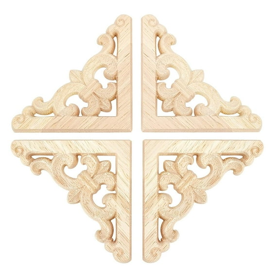 6 pc Natural Solid Wood Carved Onlay Applique Craft Unpainted Onlay Furniture Home Decoration Triangle BurlyWood 82x82x7mm