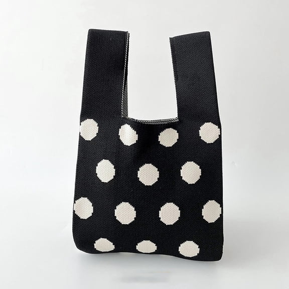6 pc Polyester Polka Dot Knitted Tote Bags Cartoon Crochet Handbags for Women Black 36x20cm