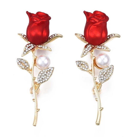 6 pc Rose Flower Enamel Pin with Plastic Pearl 3D Alloy Brooch with Rhinestone for Backpack Clothes Nickel Free Lead Free Light Golden Red 63x25mm