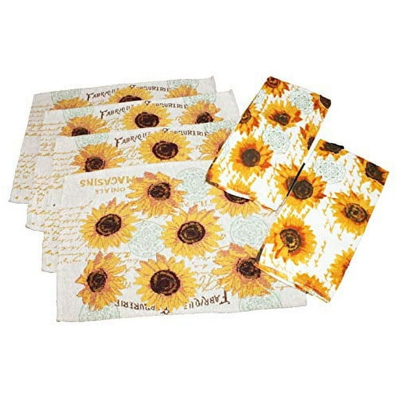 6 pc Sunflower Kitchen Towel Set - Includes 2 Sunflower Kitchen Towels and 4 Sunflower Placemats - Comes in an Organza Bag so It's Ready for Giving!