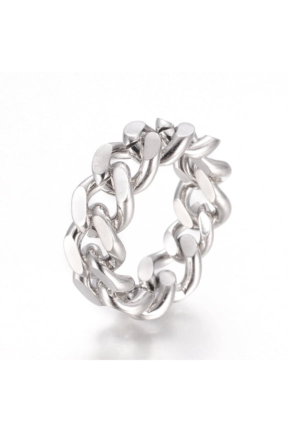 6 pc Tarnish Resistant Unisex 304 Stainless Steel Rings Diamond Cut Curb Chains Finger Rings Wide Band Rings Stainless Steel color Size 7 17mm 9mm