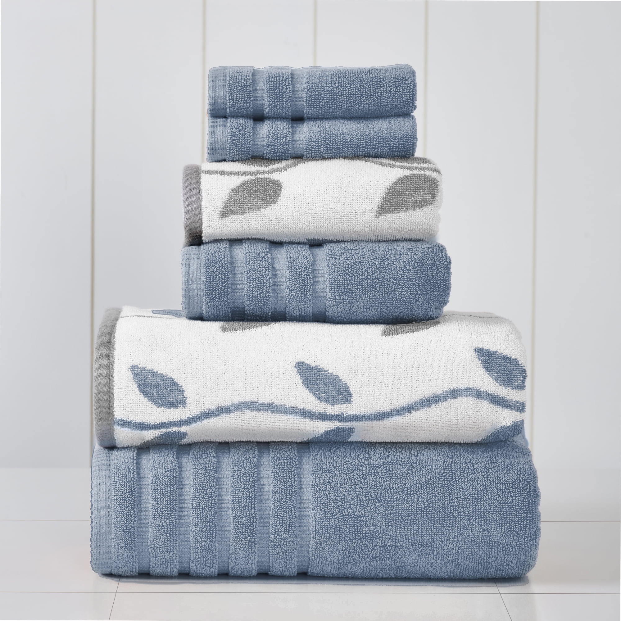 Modern Threads Organic Vines 6 Piece Combed Cotton Bath Towel Set Blue Oeko Tex Certified Machine Washable Walmart