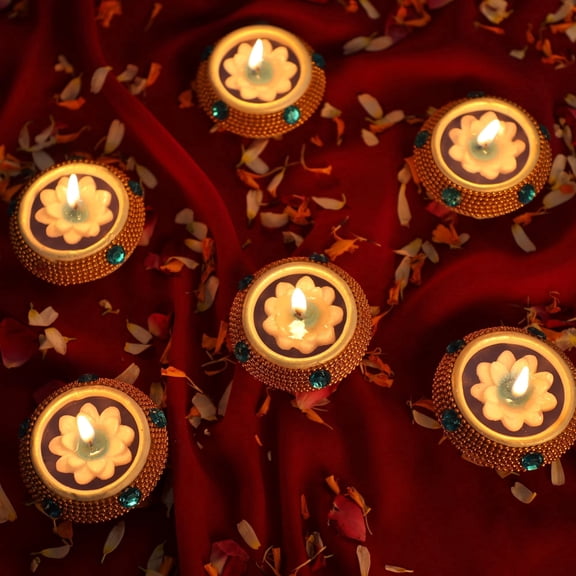 6-Piece Golden Matki Clay Diya Set with Blue and White Wax, Hand-Painted Terracotta Earthen Lamps for Diwali, Pooja and Home Decor
