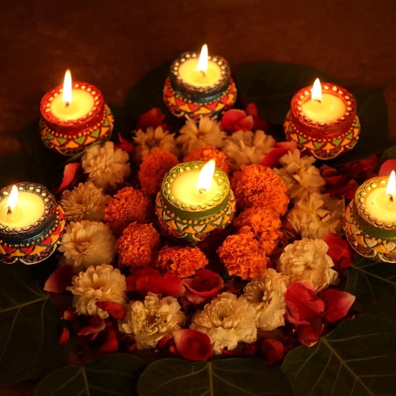 6pc Wax Filled Diyas Matki Clay Diyas for Diwali Decorations for Home Handpainted Terracotta Earthen Diya Set Indian Pooja Items Deepawali Pooja Decor