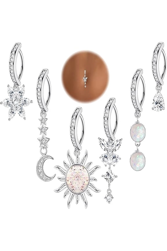 6 pcs 14G Clicker Belly Button Ring for Women 316L Surgical Steel Butterfly Snake Evil Eye Heart CZ Opal Dangle Belly Button Rings Simple Reverse Navel Rings Body Belly Piercing Jewelry