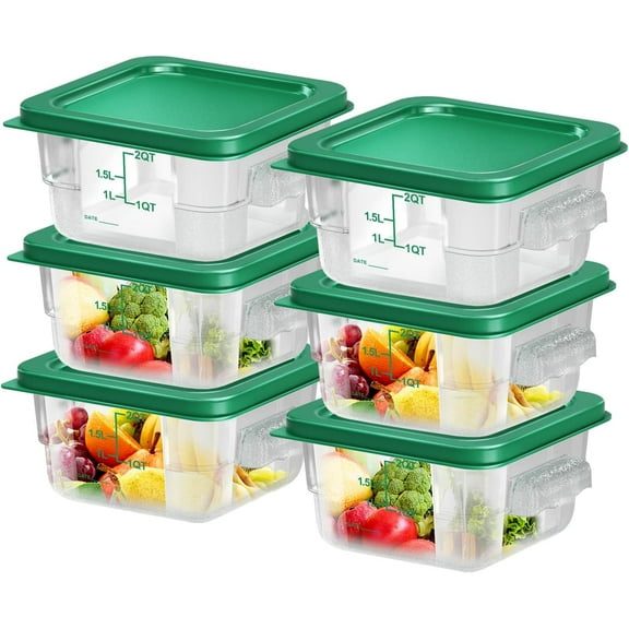 6 pcs 2qt Square Clear Food Storage Containers with Lids, Commercial Grade Kitchen Storage with Handles and Measurement Scale, Durable BPA-Free Plastic for Home and Dining