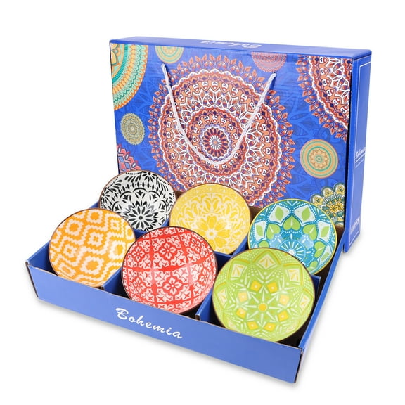 6 pcs Ceramic Bowls, Bohemian Style Bowl Gift Set, Assorted Dinnerware Serving Bowls for Cereal, Soup, Dessert, Snack, Fruit, Salsa, Soup Bowl Sets