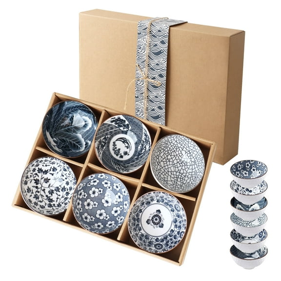 6 pcs Ceramic Bowls, Japanese Style Bowl Gift Set, Assorted Dinnerware Serving Bowls for Cereal, Soup, Dessert, Snack, Fruit, Salsa, Soup Bowl Sets