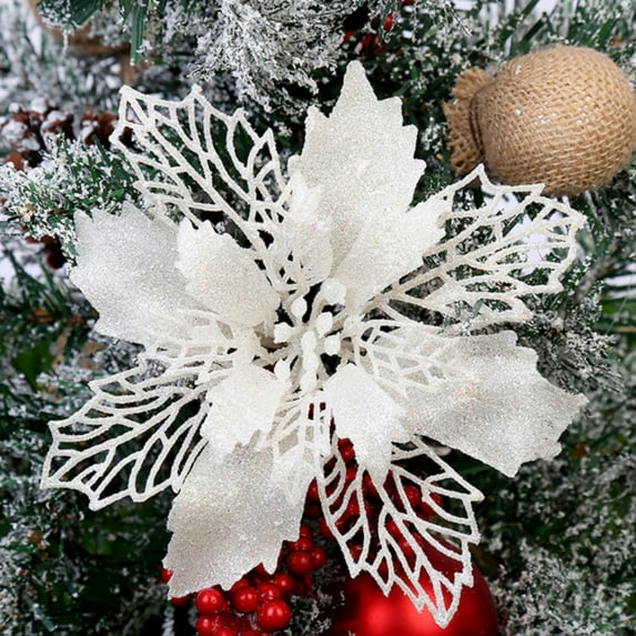 6 pcs Christmas Poinsettia Flower, Glitter Poinsettia Tree Ornaments, Champagne Artificial Flower Decorating Wreath Garland, Great for Wedding Holiday and Home Decor