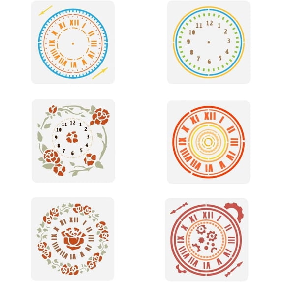 6 pcs Clock Painting Stencil 5.9x5.9inch Reusable Roses Clock Peony Clock Pattern Drawing Template DIY Art Gear Wall Clock Decoration Stencil for Painting on Wood Wall Fabric Furniture