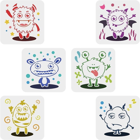 6 pcs Cute Monsters Stencil 15x15cm Reusable Cartoon Monsters Drawing Stencil Hairball Doll Monster Painting Template for Painting on Wall Wood Furniture Fabric and Paper