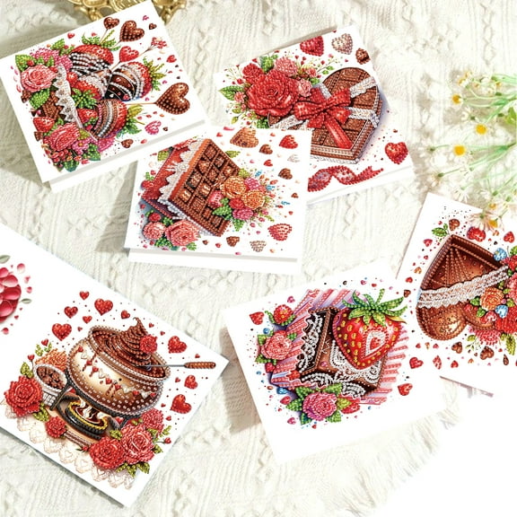 6 pcs Diamond Art Painted Greeting Card, Chocolate Cake 5D DIY Special Shape Diamond Card Creative Gifts, Christmas Thanksgiving Greeting Card Congratulation