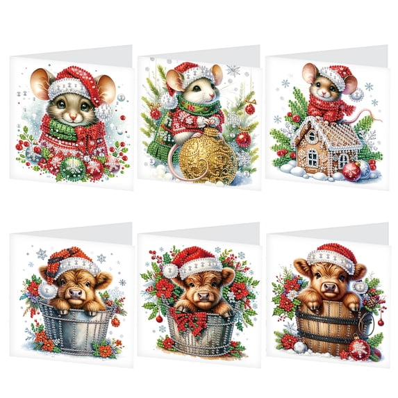 6 pcs Diamond Art Painted Greeting Card, Christmas Cow Mouse 5D DIY Special Shape Diamond Card Creative Gift, Christmas Thanksgiving Greeting Card Congratulation
