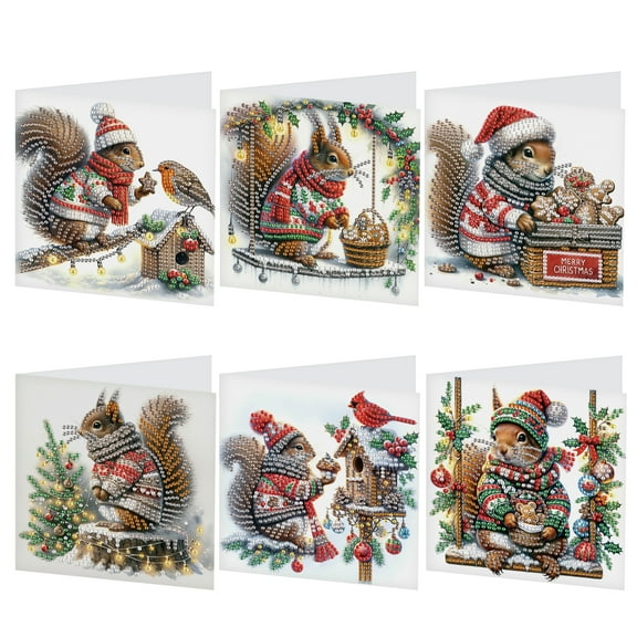 6 pcs Diamond Art Painted Greeting Card, Squirrel 5D DIY Special Shape Diamond Card Creative Gift, Christmas Thanksgiving Greeting Card Congratulation