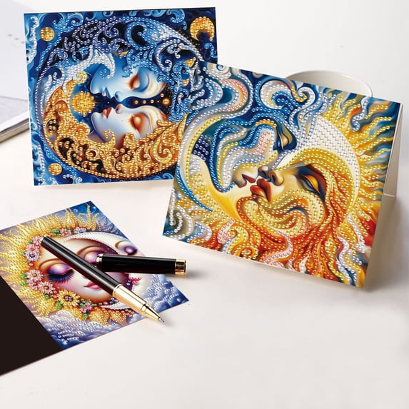 6 pcs Diamond Art Painted Greeting Card, Sun Moon Side by Side 5D DIY Special Shape Diamond Card Creative Gift, Christmas Thanksgiving Greeting Card Congratulation