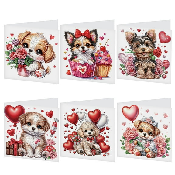 6 pcs Diamond Art Painting Greeting Card, Love Puppy 5D DIY Special Shape Diamond Card Creative Gifts, Christmas Thanksgiving Greeting Card Congratulation