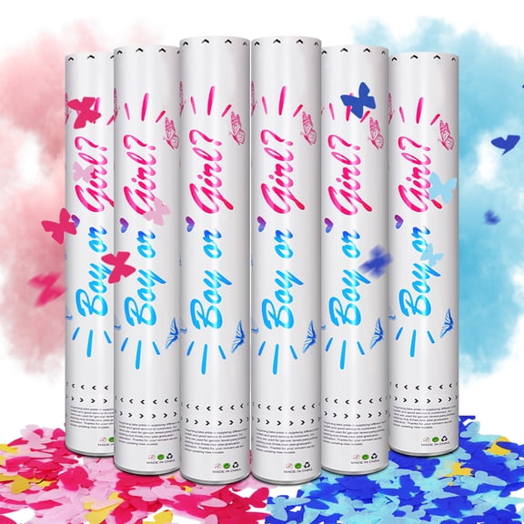 6 pcs Gender Reveal Confetti Poppers, filled with confetti and powder, ideal for creative gender reveal events. These party supplies are also suitable for baby showers, birthdays, weddings
