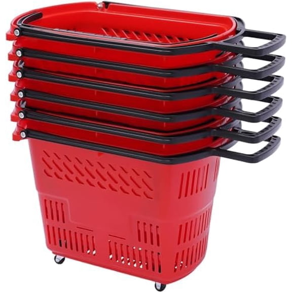 6 pcs Grocery Basket, 35L Trolley Rolling Shopping Baskets Plastic with Handles, Portable Shopping Basket Set in Supermarkets and Retail Stores, Red$$Tools & Hardware Other