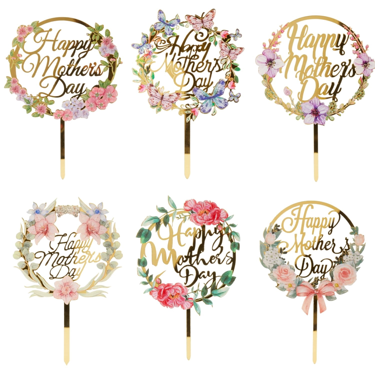 6-Pack "Best Mom Ever" Acrylic Mirror Cake Toppers For Mother's Day - Gold, Reusable Party Decor