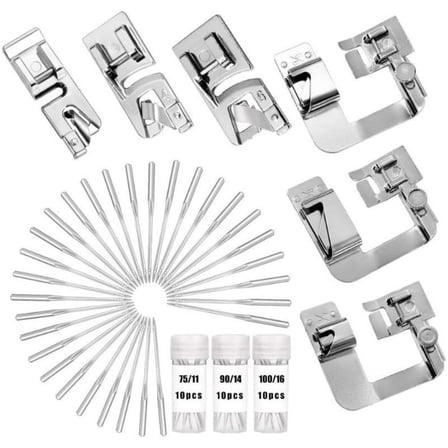 6 pcs Hemming Foot Kit, 3 pcs Narrow Rolled Hem Sewing Machine Presser Foot, 3 pcs Wide Hem Presser Foot and 30 pcs Sewing Machine Needles, for Household Multi-Function Sewing Machines