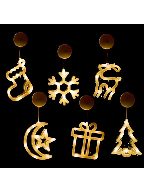 6 pcs LED Christmas Window Lights Silhouette Decoration Lighted Bell-Tree-Reindeer-Snowflake-Star Battery Operated with Suction Cup