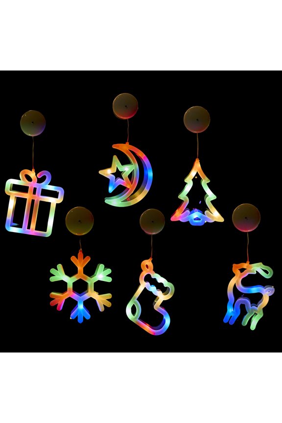 6 pcs LED Christmas Window Lights Silhouette Decoration Lighted Bell-Tree-Reindeer-Snowflake-Star Battery Operated with Suction Cup