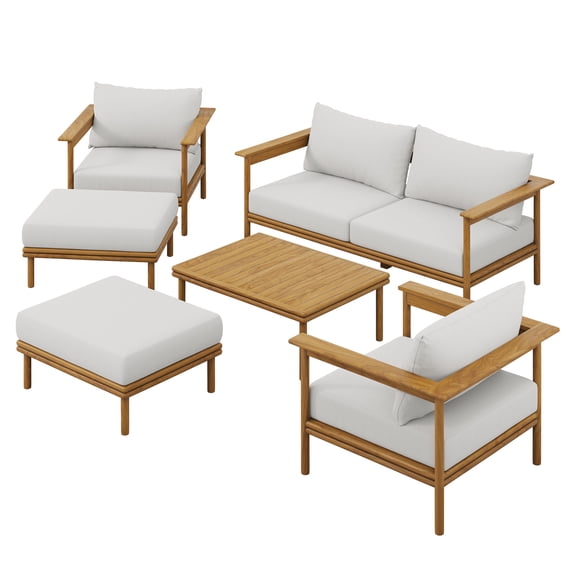 6 pcs Lounge Sectional Sofa Table Set, White, Teak Wood, Outdoor Patio Balcony Cafe Bistro Garden Hospitality Restaurant, Modern Contemporary, HB37535