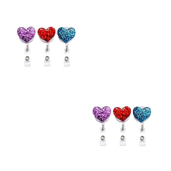 6 pcs Love Heart Shaped Clips Rhinestone ID Sleeve Alloy Buckle Retractable ID Badge Reel Clips(Purple + Blue 1pc for each)