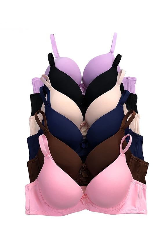 6 pcs Max Lift Power Wired Add 2 Cup Sizes T-Shirt Double Push Up Bra 36C (61093wal)