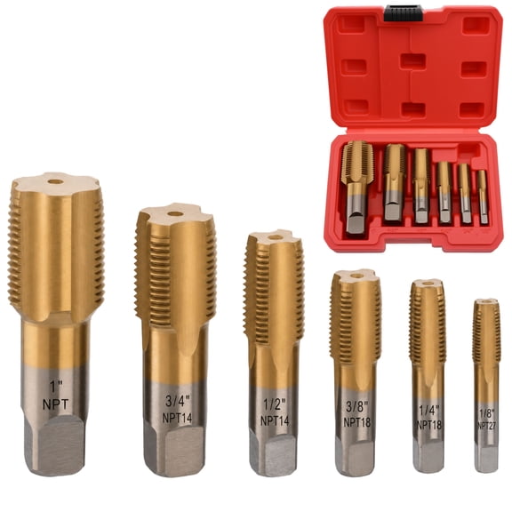 6 Pcs NPT Pipe Tap Set, 1", 3/4", 1/2", 3/8", 1/4", 1/8" NPT Pipe Tap Set, GCr15 Steel Titanium-Coated Taps Set with Storage Case