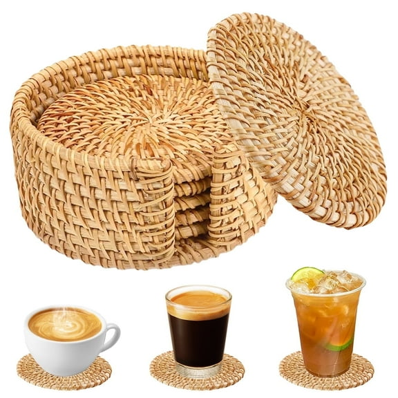 Natural Rattan Coaster Set with Holder - Handwoven Wicker Drink Coasters for Table Protection,Boho Home Decor,6 Pcs
