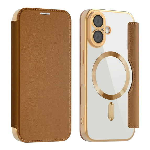 Wallet Case for iPhone 16 Plus Back Clear Case Compatible with MagSafe,Magnetic Closure PU Leather Folio Case with RFID Blocking Card Slots Shockproof Full Body Phone Cover,Brown