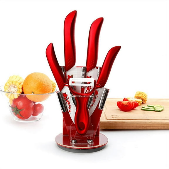 6 pcs Professional Ceramic Kitchen Knife Set with Peeler and Holder (6" Chef's/5" Utility/4" Fruit/3" Paring) - Ceramic Kitchen Cutlery/ Ceramic Knife Set (Red)