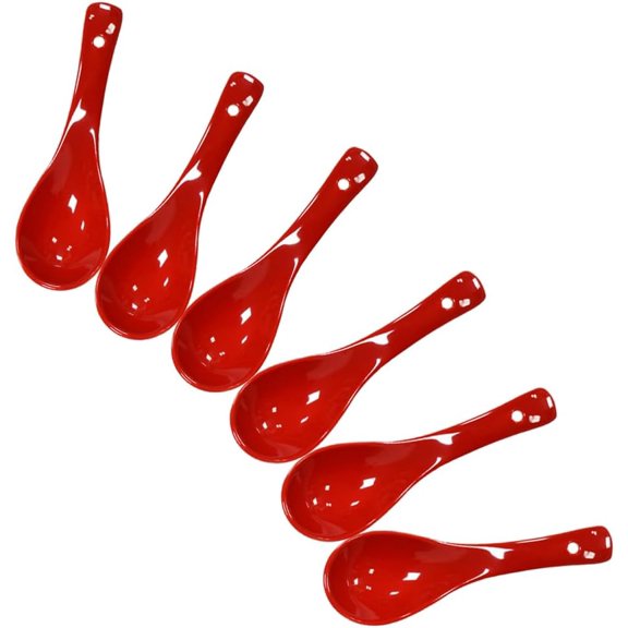 6 pcs Red Porcelain Soup Spoon Round-Bottom Asia Ceramic Rice Spoons Chinese Won Ton Spoons for Home Kitchen Restaurant