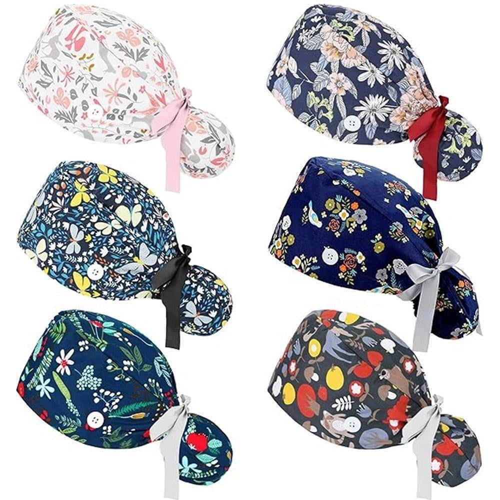 6 pcs Scrub Caps Women Nursing Hats with Buttons Adjustable Bouffant ...