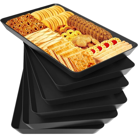 6 pcs Serving Tray for Entertaining, Serving Platters for Snacks, Fruit, Cookies, Dessert, Reusable Plastic Trays for Serving Food and Pantry Organization in Kitchen & for Parties, (Black)