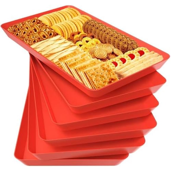 6 pcs Serving Tray for Entertaining, Serving Platters for Snacks, Fruit, Cookies, Dessert, Reusable Plastic Trays for Serving Food and Pantry Organization in Kitchen & for Parties, (Red)