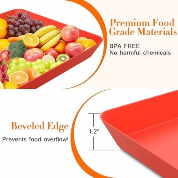 6 pcs Serving Tray for Entertaining, Serving Platters for Snacks, Fruit, Cookies, Dessert, Reusable Plastic Trays for Serving Food and Pantry Organization in Kitchen & for Parties, (Red)