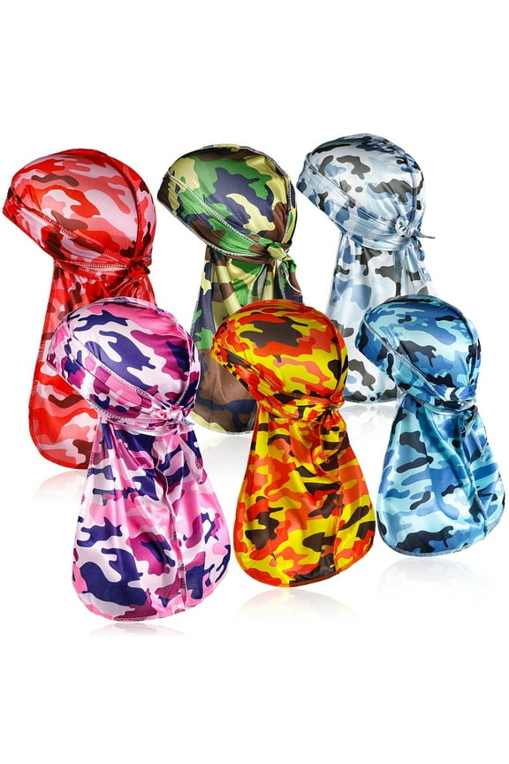 6 pcs Silky Durag with Long Tail and Wide Straps Colorful 360 Waves Doo Rags Durag Cap for Men and Women Hip Hop Rapper