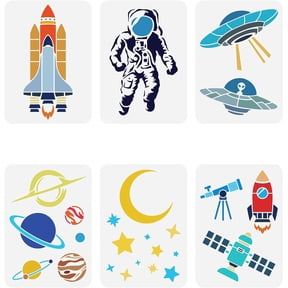 6 pcs Space Theme Stencils 8.3x11.7inch Reusable Astronauts Stars Moon Planets Rockets Astronomical Telescopes Aliens UFO Drawing Template DIY Craft Stencil for Home Decoration 1set