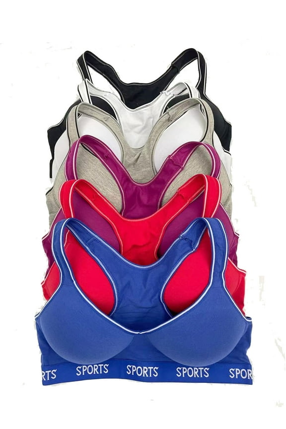 6 pcs Wire Free Gym Light Padded Raceback Cotton Sports Bra B C D Cup 38B (6682-62R6-64R6)